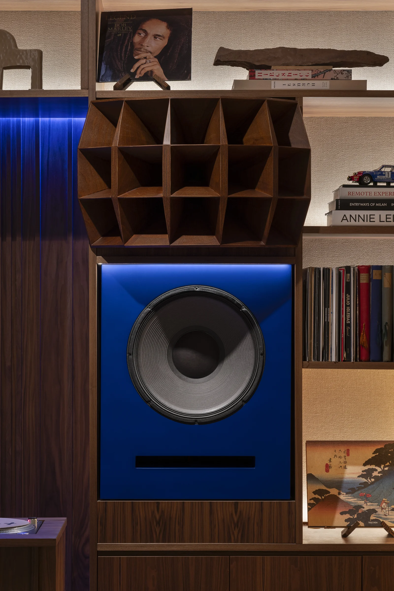 Il diffusore blu dell’impianto audio NòTT, al centro della libreria